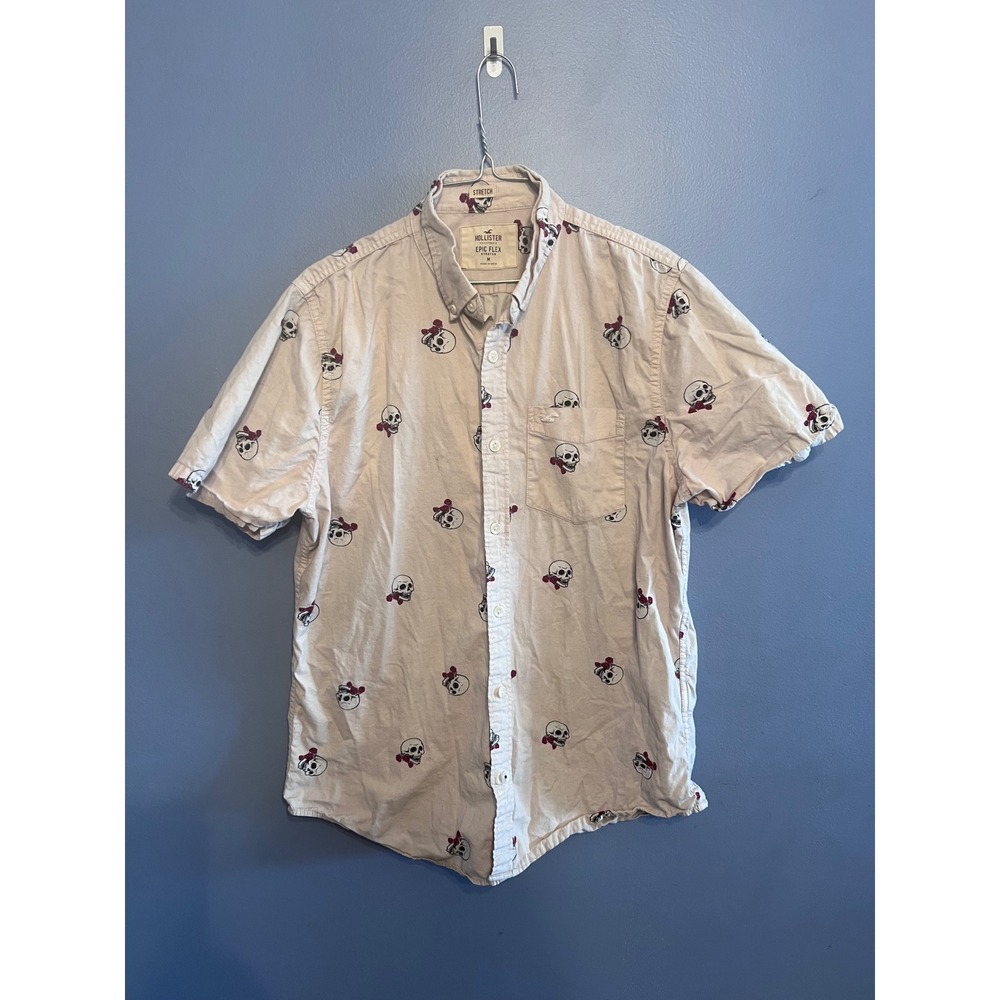 Men's Hollister Epic Flex Stretch Short‎ Sleeve Button Up Skulls W Roses SZ Med